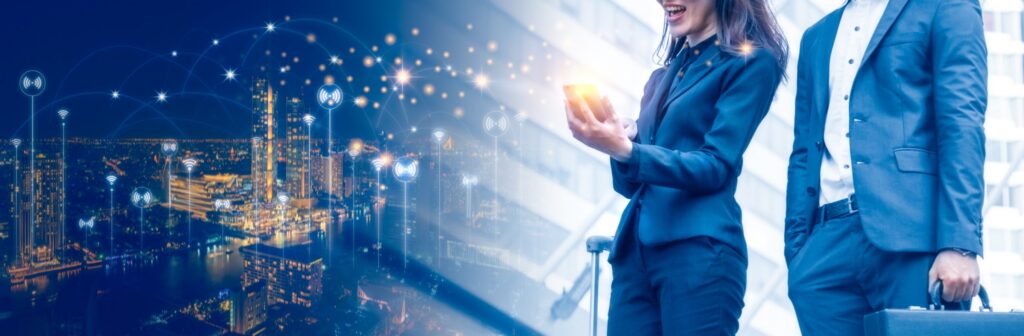 business woman using smartphone to connecting global network and